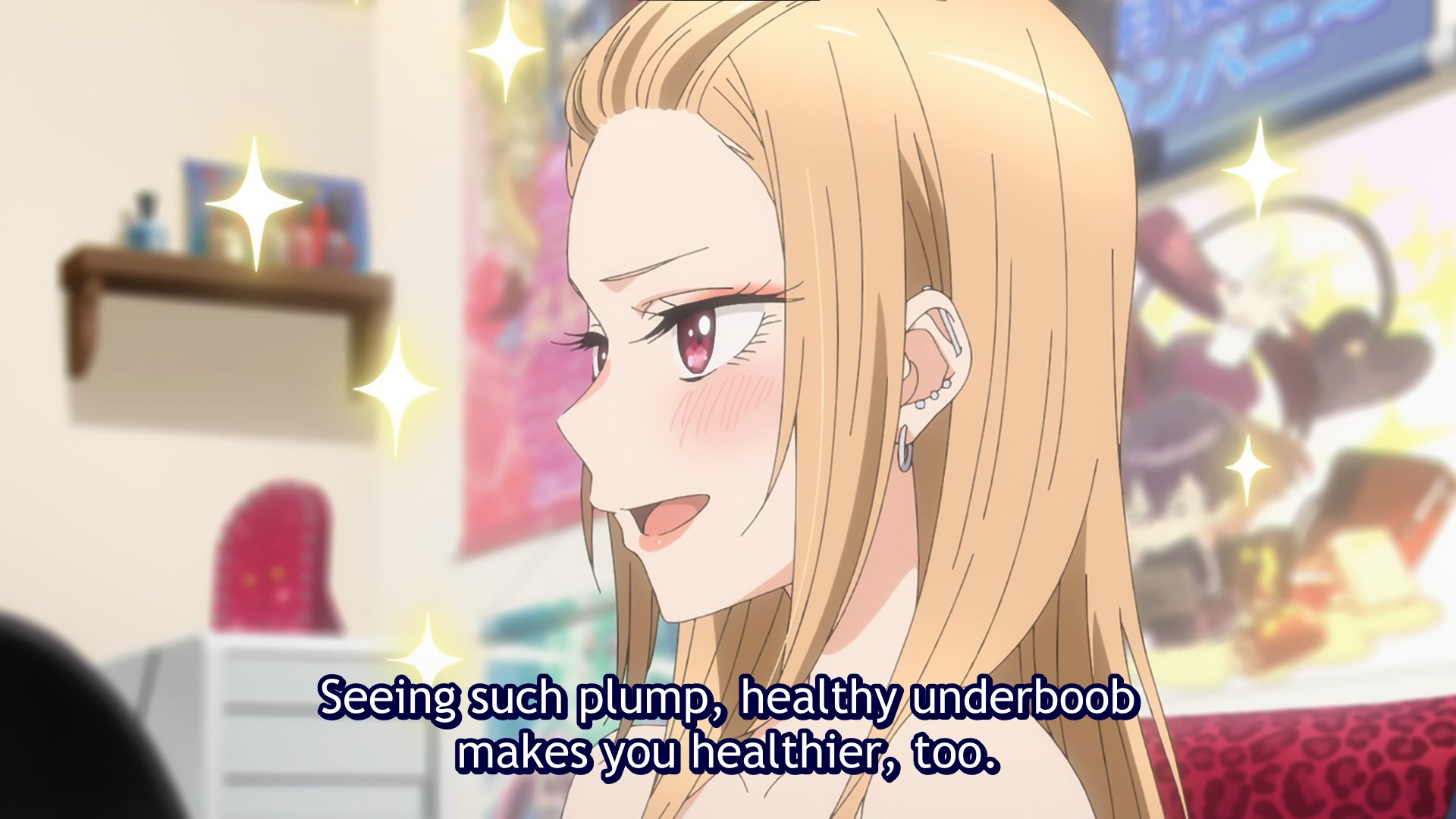 Screenshot of Marin from My Dress-Up Darling. Subtitle reads: "Seeing such plump, healthy underboob makes you healthier, too."