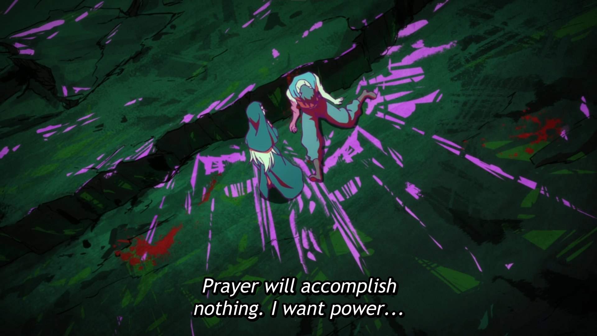 A nun hovering over a bloody corpse. Subtitle reads: "Prayer will accomplish nothing. I want power..."